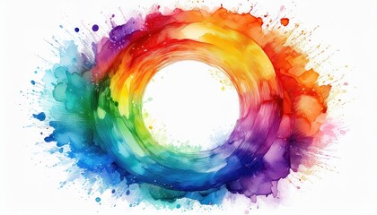 Vibrant, Watercolor Abstract Rainbow Painting Swirling Colors Framed in a Circular Watercolor Splash