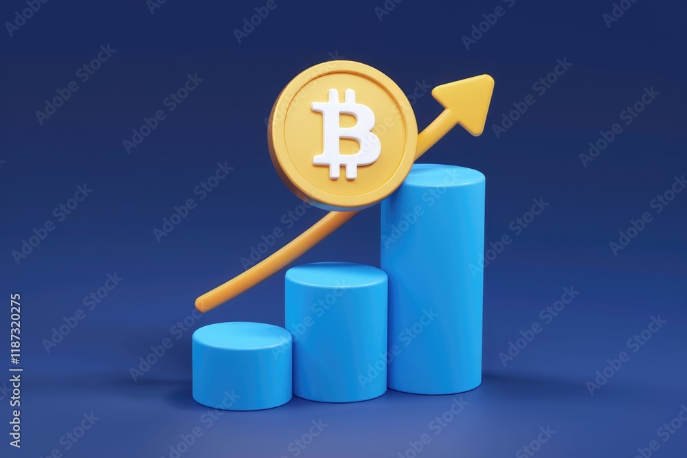 Poster Bitcoin price rising steadily, shown on a 3D bar graph with an upward arrow.