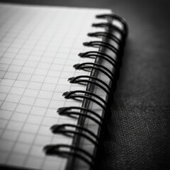 Spiral-bound notebook, graph paper, close-up, minimalist, black and white, clean lines, stationery, office supplies, geometric pattern, shallow depth of field, textured background, precision, organiza