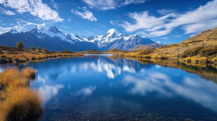 Obraz premium Lake with snow-capped peaks and azure sky reflections