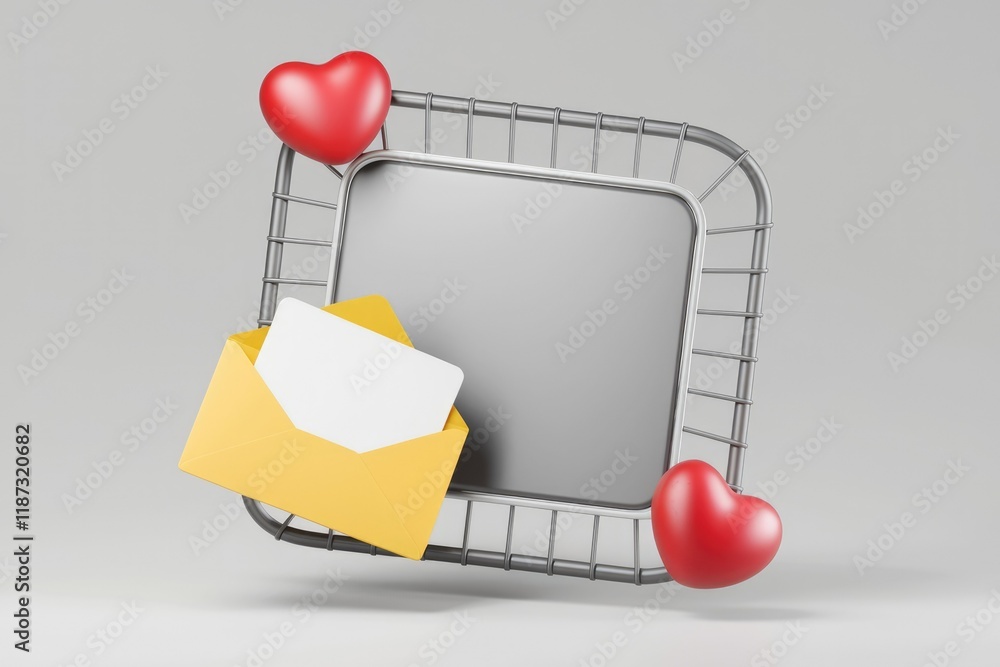 Aufkleber a yellow envelope with a blank card inside rests on a metal frame with two red hearts.