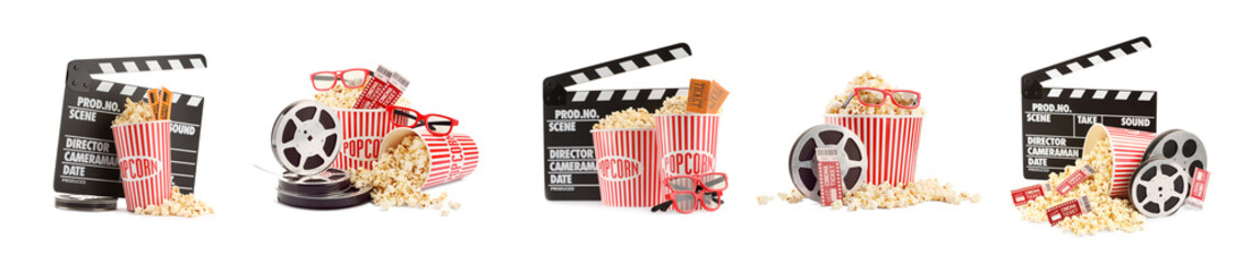 Popcorn, cinema tickets, clappers, glasses and film reels on white background, collage. Movie watching