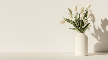 Minimalistic beige ceramic vase with fresh white tulips on a light neutral background. Studio photography with natural light and copy space. Springtime and floral decor concept.