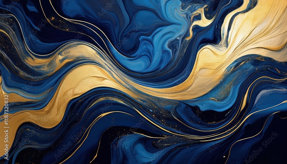 Poster striking abstract dark blue and gold fluid art painting swirling waves and intricate patterns create