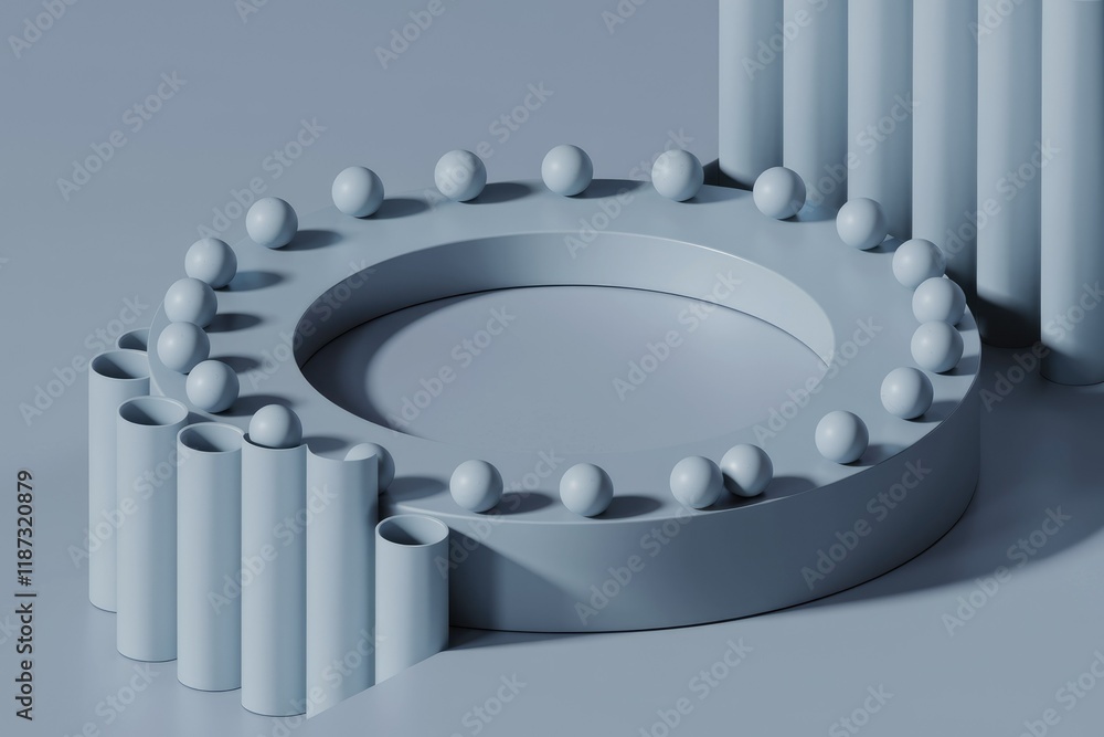 Poster Abstract 3D render of a circular structure with spheres and cylinders, minimalist and monochromatic.