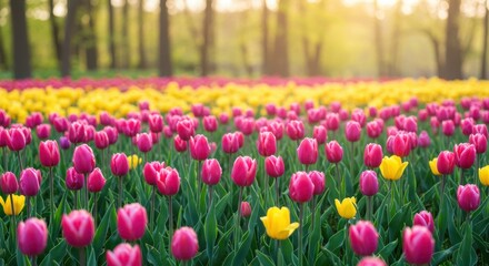 Vibrant tulip field in bloom at sunrise in spring garden