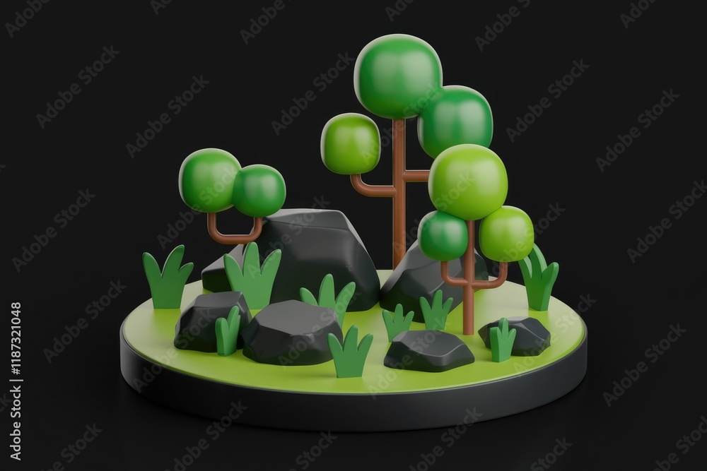 Poster stylized 3d render of a miniature landscape with cartoon trees and rocks on a green base.