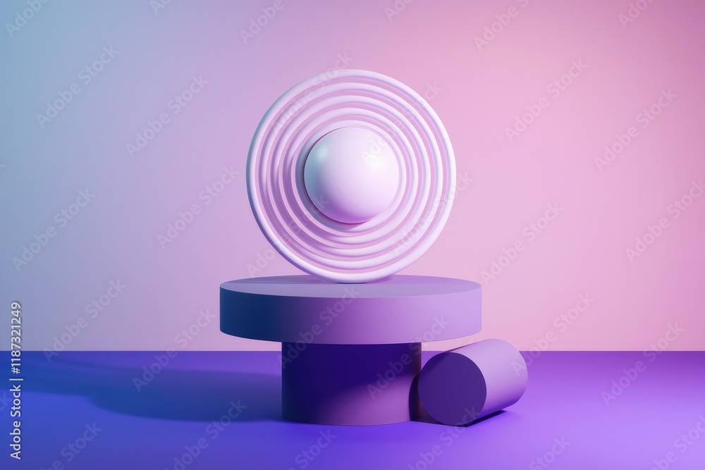 Poster Abstract 3D rendering of a white sphere on concentric circles atop a purple pedestal against a gradient background.