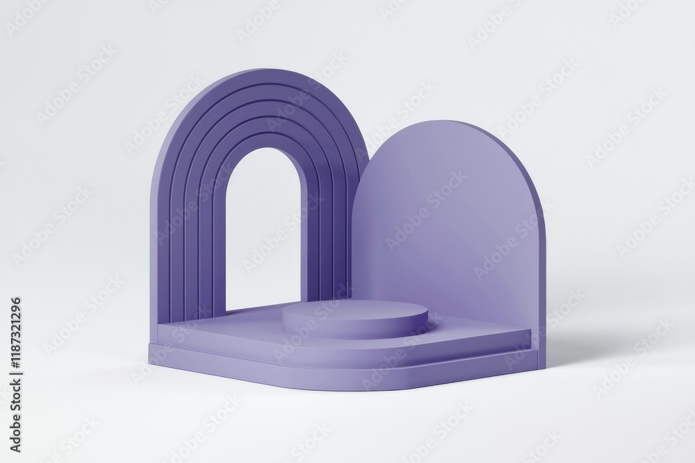 Poster abstract purple 3d rendering of a minimalist stage with arches and a cylindrical platform, ideal for