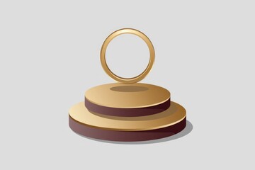 Elegant golden ring atop a two-tiered brown and gold podium, ideal for product display or award ceremony.