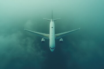 Fototapeta premium Airplane descending through foggy clouds.