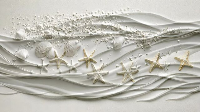 Intricate design featuring seashells and starfish arranged in a wave-like pattern on textured sand