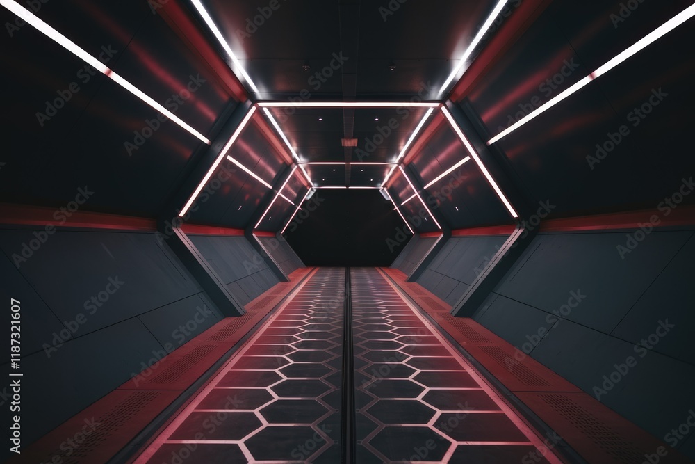 Poster Futuristic hexagon-tiled corridor with red neon lights, creating a sleek and modern sci-fi atmosphere.