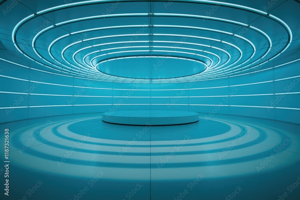 Poster circular room with concentric turquoise lights and a central platform, creating a futuristic and min