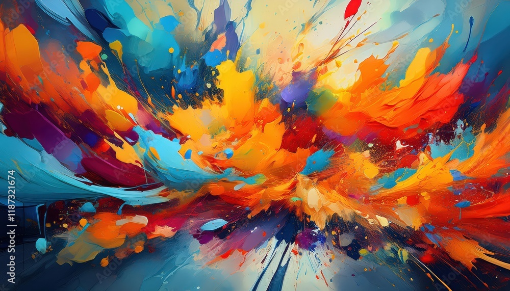 Poster stunning abstract explosion of colorful paint splatters, showcasing chaotic brushstrokes and overlap