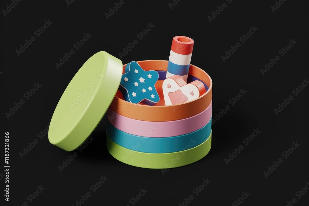 Poster a colorful cylindrical container with a lid, holding various small, playful shapes.