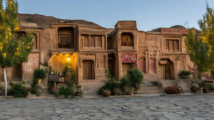 Obraz premium Ancient adobe buildings line a cobblestone street at sunset.