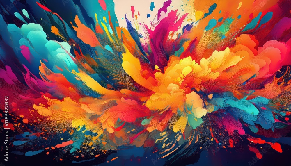 Poster vibrant chaotic explosion of colorful paint splatters with overlapping patterns and textures abstrac