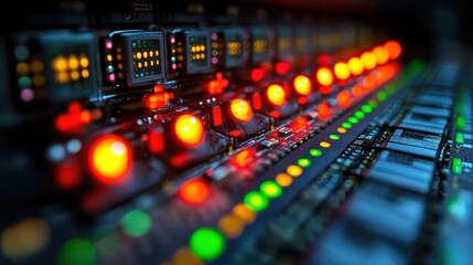 Lit server hardware in data center, with blinking lights, close view.