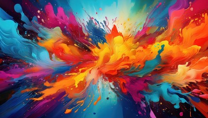 Vivid Explosion of Colorful Paint Splatters Chaotic Brushstrokes and Overlapping Patterns in an Abstract Artwork