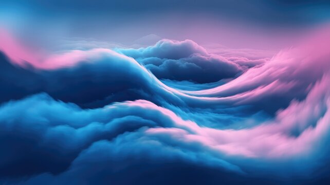 Abstract landscape of vibrant blue and pink clouds forming rolling hills, a surreal dreamscape.