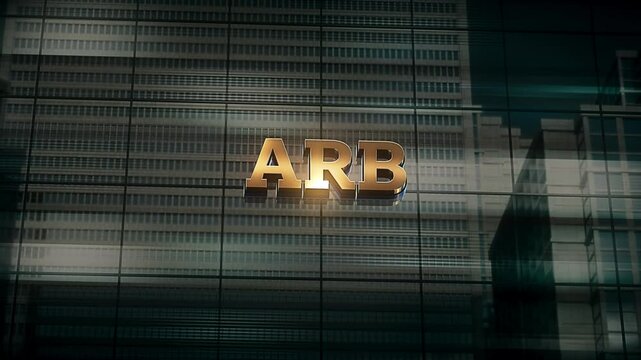 Business Finance Economic Skyscraper Glass Reflections and Golden Text Reads ARB