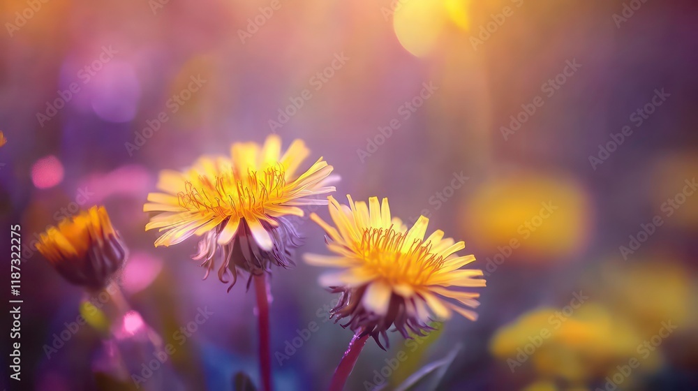 Poster two vibrant yellow dandelions in a field with a soft, colorful bokeh background.