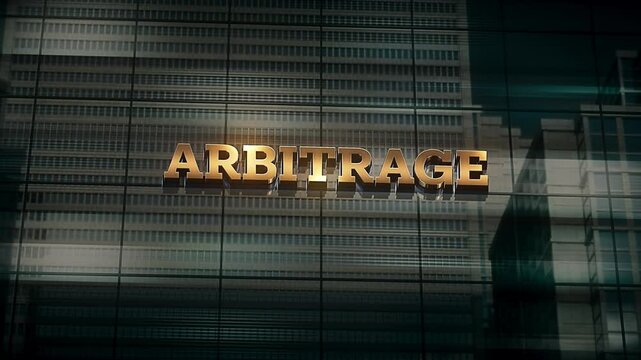 Business Finance Economic Skyscraper Glass Reflections and Golden Text Reads Arbitrage