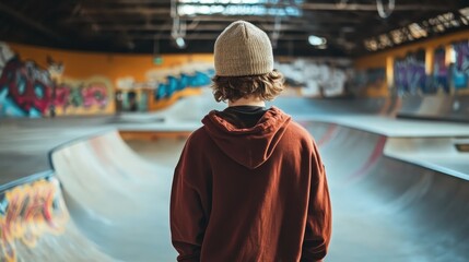 Fototapeta premium Skatepark interior, graffiti walls, concrete ramps, person wearing plaid shirt and beanie from behind, industrial warehouse setting, urban youth culture, natural lighting, wide open space, skateboardi