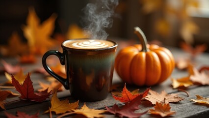 A close-up of a wooden table covered with autumn leaves, a cinnamon-spiced latte in a mug, and a small pumpkin beside it