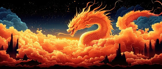 Golden dragon emerging from fiery clouds at sunset over a mystical landscape.