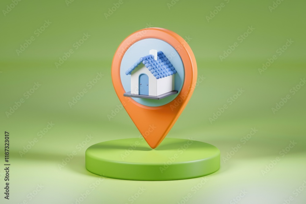 Poster A 3D model of a house icon on an orange location marker, indicating property location.