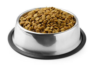 Dry pet food granules in feeding bowl isolated on white
