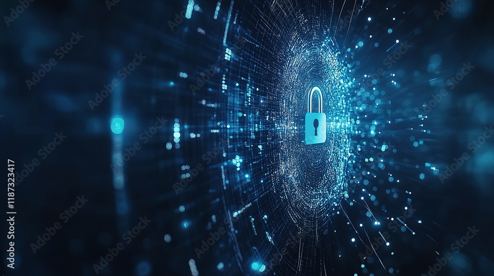 Poster concept of protecting cybersecurity with digital lock and data lines