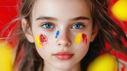 A young girl with blue eyes and a red, yellow, and blue face paint