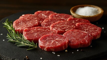 Raw steaks are beautifully displayed on a dark surface, accompanied by fresh herbs and a bowl of coarse salt, showcasing their quality and freshness