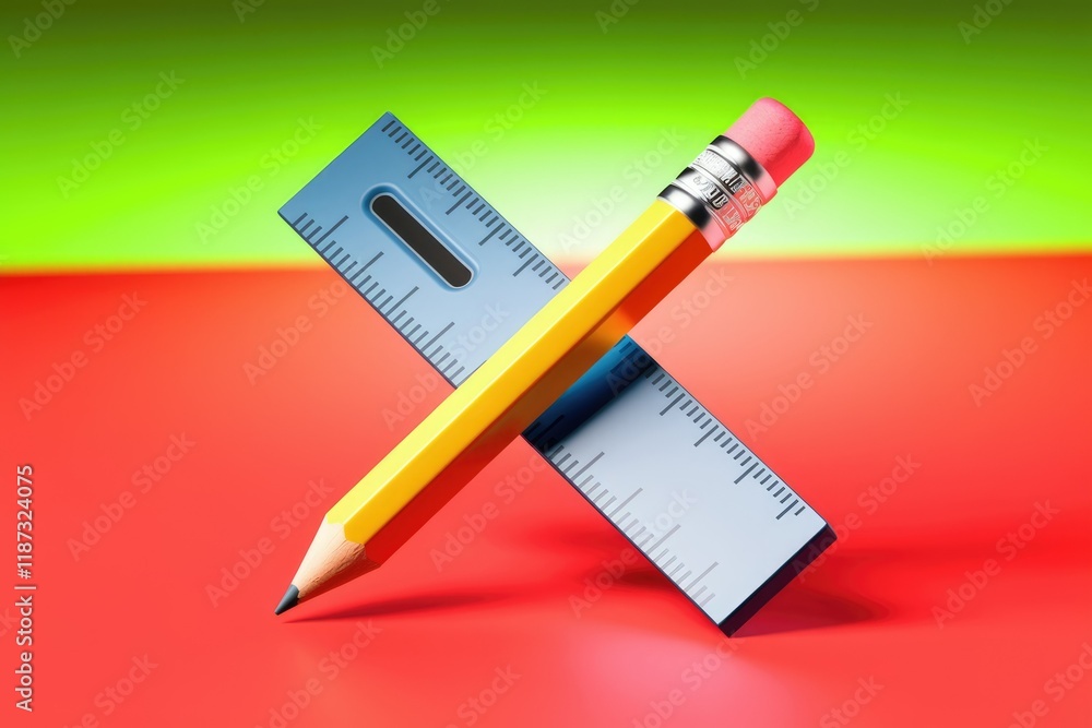 Poster A yellow pencil and a ruler intersecting on a red surface, representing learning and drawing.
