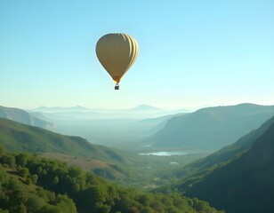 Fototapeta premium A yellow hot air balloon floating above scenic green valleys