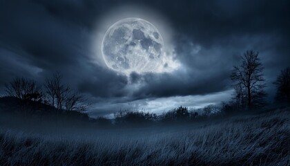 a full moon glowing ominously in a dark cloudy halloween sky casting eerie shadows over a haunted landscape
