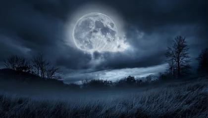 Poster a full moon glowing ominously in a dark cloudy halloween sky casting eerie shadows over a haunted landscape