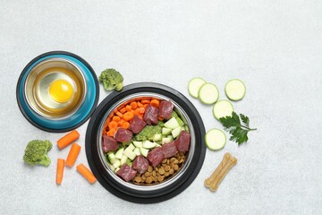 Dry pet food and natural products on light table, top view