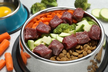 Dry pet food and natural products on light table, closeup