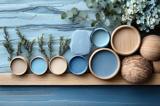 A moodboard showcases calming blue paint samples and beautifully arranged natural decor elements for design inspiration - Powered by Adobe