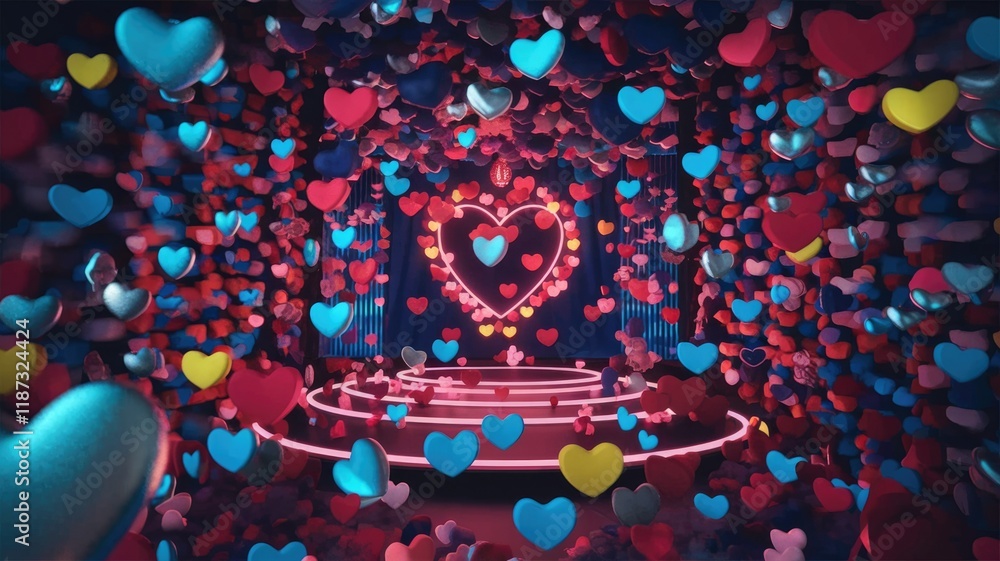 Poster A mesmerizing 3D rendering of a stage adorned with countless vibrant hearts, creating a romantic and enchanting atmosphere.
