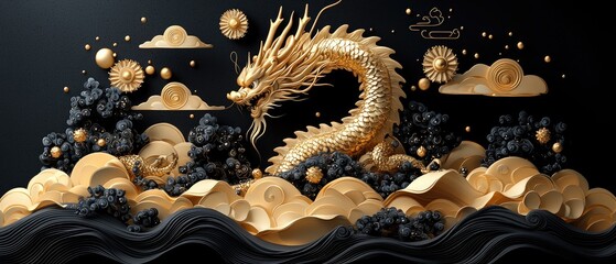 Golden dragon on black and gold clouds, fantasy background.