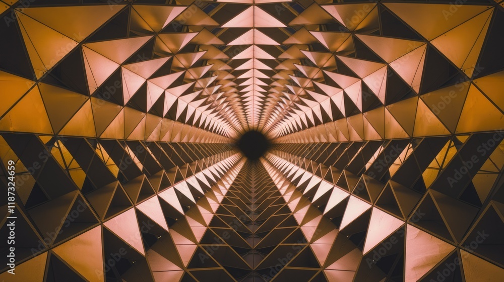 Poster Geometric architectural marvel:  A mesmerizing pattern of golden triangles creating a tunnel-like perspective.