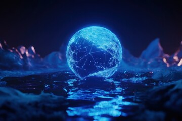 A vibrant electric blue globe illuminates a reflective landscape, showcasing intricate connections against a dark backdrop