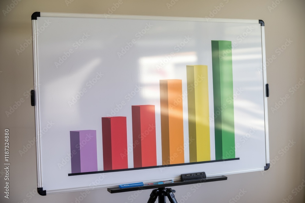 Poster a colorful bar graph on a whiteboard showcasing upward trending growth or progress.
