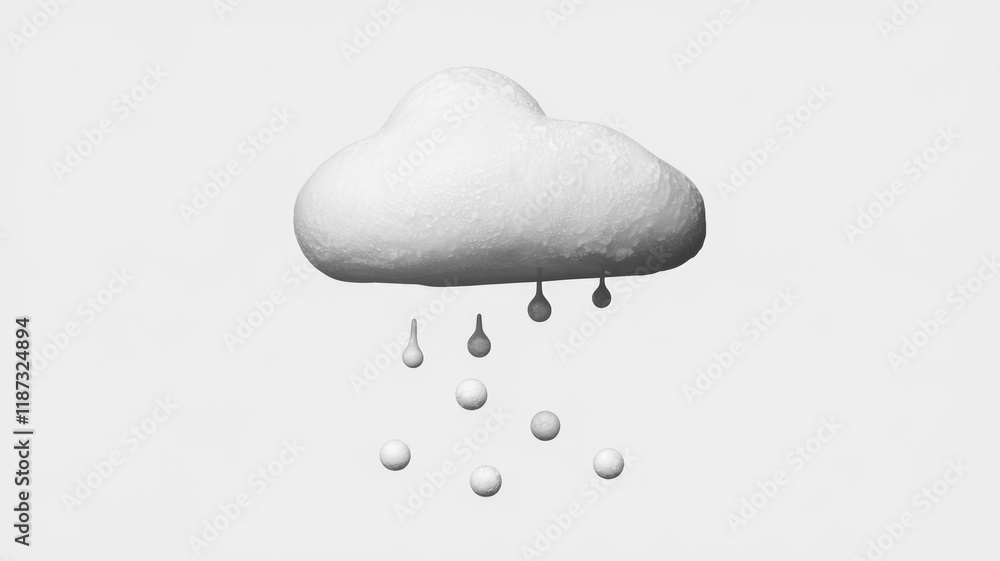 Poster a fluffy 3d cloud model with raindrops falling, a simple weather icon.