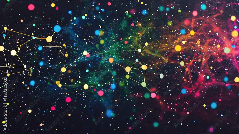 Poster colorful abstract network with floating data points and lines
